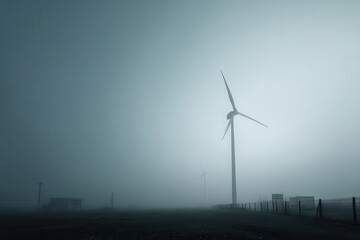 Wind Turbine in Thick Fog A windmill barely visible through dense morning fog with soft lighting and moody tones