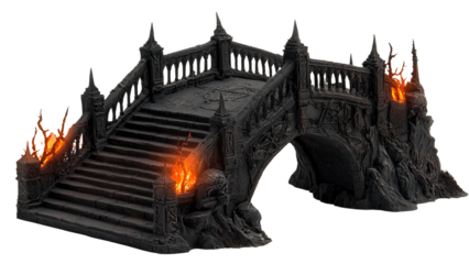 Png of A dark, ominous fantasy bridge with flames, featuring intricate stone carvings and an eerie atmosphere.