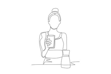Woman drinking milk after exercise. Balanced Nutrition concept one-line drawing