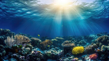 Obraz premium Abstract image of tropical underwater deep ocean wide nature background with rays of sunlight