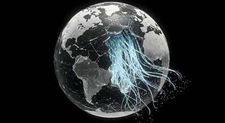 A shattered globe with glowing lines emanating from it against a black background in a studio shot
