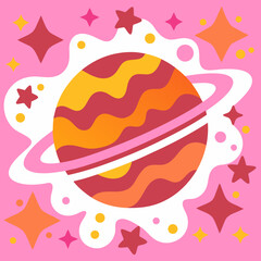 A whimsical planet swirls with vibrant orange and red hues, floating amidst playful pink stars and a soft white nebula, creating a joyful cosmic scene.