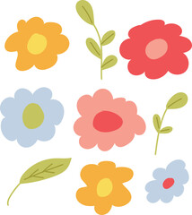 Flat Style Flower Clipart Colorful Retro Floral Vector Elements