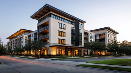 Luxury Apartments at Dusk: Modern Architectural Design in Urban Setting