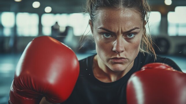  woman wearing red gloves, punching or hitting boxing bag in gym interior. 