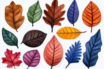 Obraz premium A collection of hand-painted watercolor leaves, each in a different autumn shade