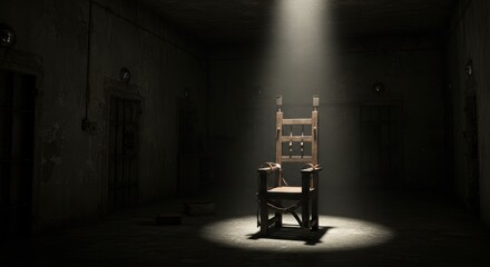 Dimly lit abandoned room with atmospheric spotlight on an eerie electric chair
