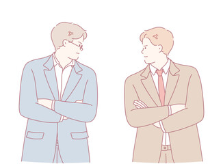 Two businessmen stand with their arms crossed, representing a typical clash often seen in professional environments