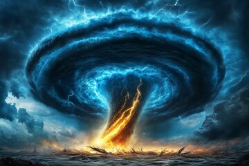 A dark storm swirling around a bright, glowing tornado core, symbolizing natureâ€™s raw power