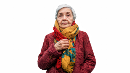 a portrait of an old woman wearing a red coat with a colorful scarf around her neck and a shawl around her neck on a transparent background, PNG image, PNG file, Generative art.