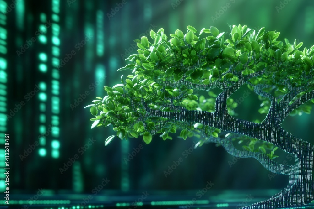 Poster a floating cyber tree with digital branches and pixelated leaves growing inside a virtual reality wo