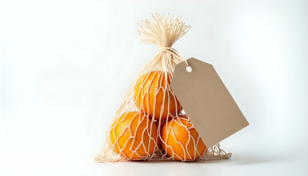 A bag of oranges with a tag attached to it.