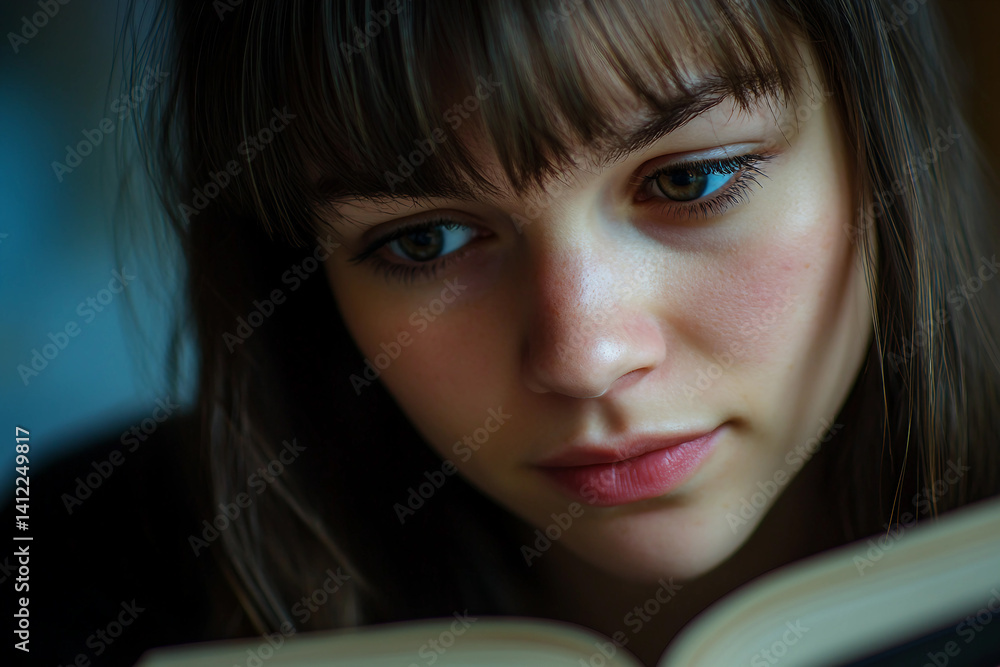Poster an image of university student is reading a book in library generative ai