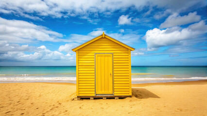 Obraz premium vibrant yellow beach hut stands on sandy shore, with stunning blue sky and ocean in background, evoking sense of tranquility