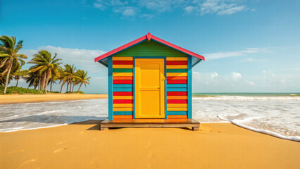 Fototapeta premium vibrant beach hut stands on sandy shore, surrounded by palm trees and gentle waves, evoking sense of relaxation and joy