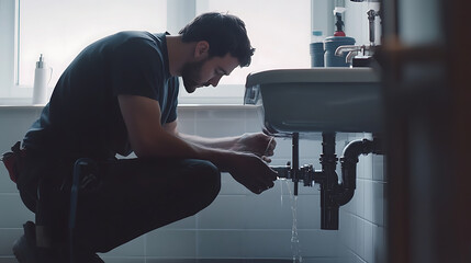 Plumber installing water pipes in a newly built bathroom. Precision and craftsmanship