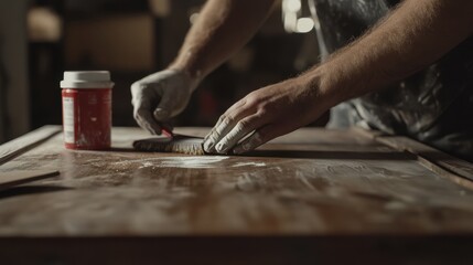Painter applying primer to wooden surfaces. Featuring attention to detail and focus
