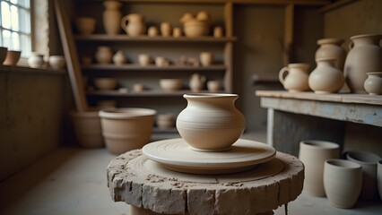 Pottery Workshop: Handmade Ceramic Vases and Bowls on Display Shelves in a Rustic Artisan Studio