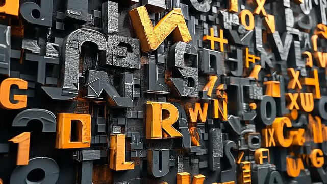 Abstract composition of vibrant 3D letters in various styles and colors against a textured background