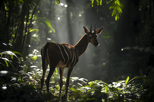 Graceful okapi standing in sunlit forest clearing surrounded by lush green foliage