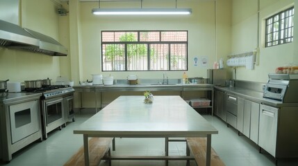 Empty kitchen with table and benches for preparing meals, possible use is a school or restaurant