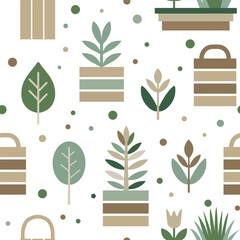 Seamless ecological pattern with plants in green and beige colours
