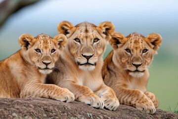 Obraz premium A lion pride (Felidae family) resting under an acacia tree in the African savanna, cubs playing while adults lounge