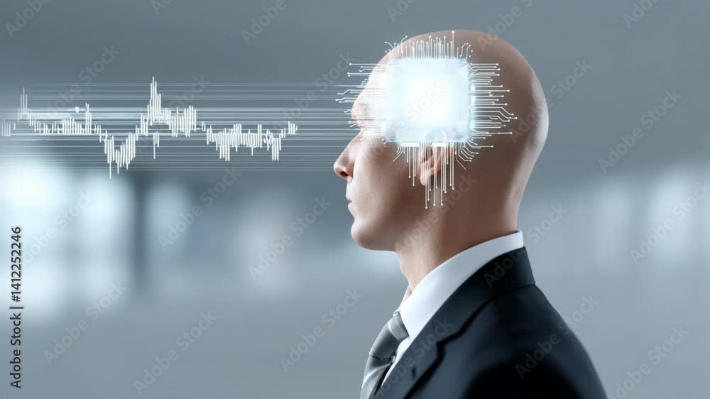 Poster digital mind: a profile of a man in a suit with a digitally enhanced brain, overlaid with data strea