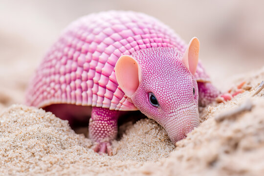 Cute pink armadillo resting on light sand in close-up studio shot with soft background and playful pastel tones