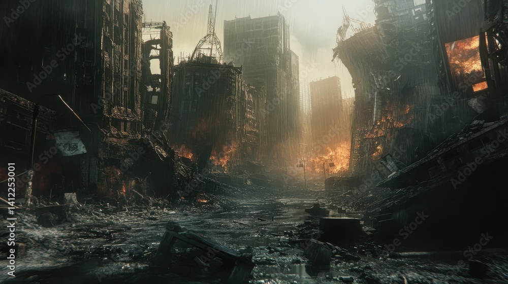 Poster conceptual image of a destroyed city. generative ai.