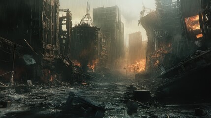 Obraz premium Conceptual image of a destroyed city. Generative AI.