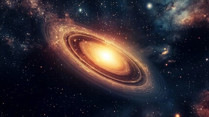 Naklejka premium A bright yellow star is in the center of a dark blue and white galaxy. The star is surrounded by a large, swirling mass of stars and dust. Concept of wonder and awe at the vastness