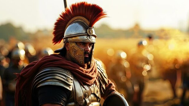 A man in a roman soldier costume holding a spear and shield