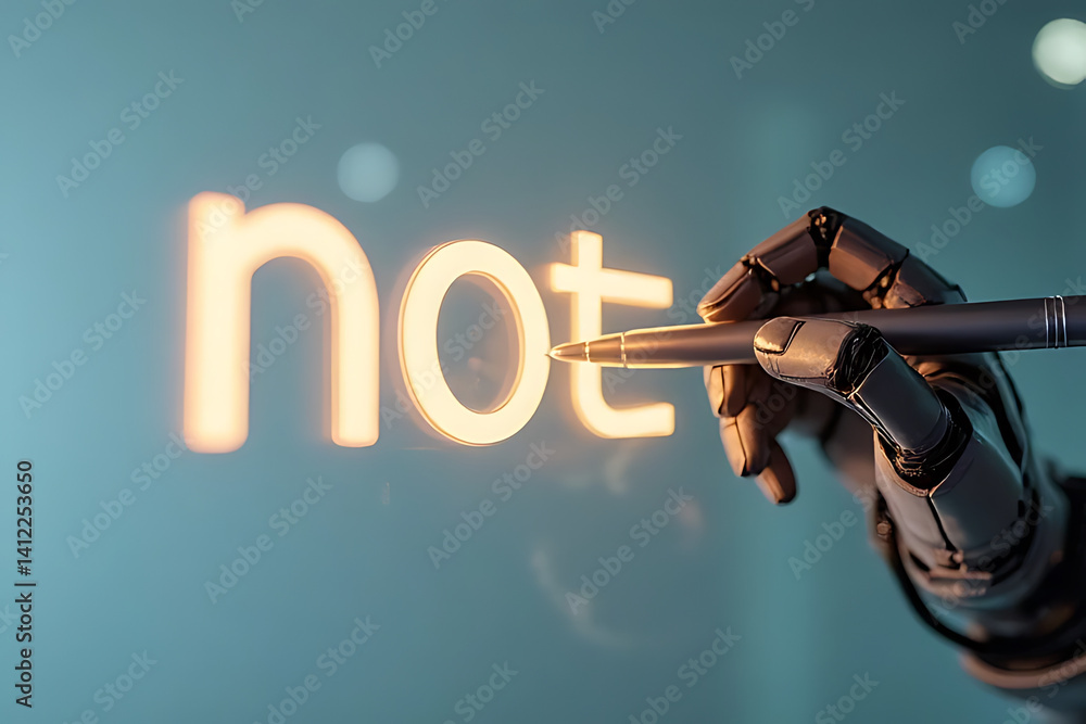 Aufkleber robot hand writing not on transparent surface futuristic setting digital art close-up view