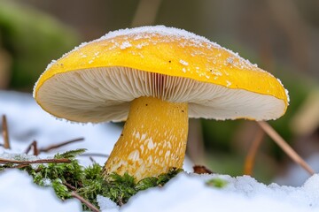 A mushroom emerging from the snow, its cap dusted with frost