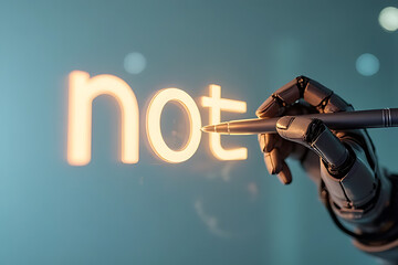 Robot hand writing not on transparent surface futuristic setting digital art close-up view