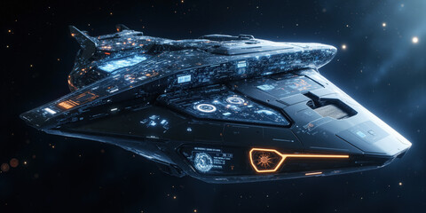 A futuristic space exploration vehicle powered by AI, with holographic navigation interfaces, real-time data analysis, and autonomous piloting systems.