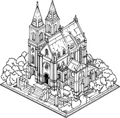 Victorian style Church isometric design, Victorian style Church vector illustration
