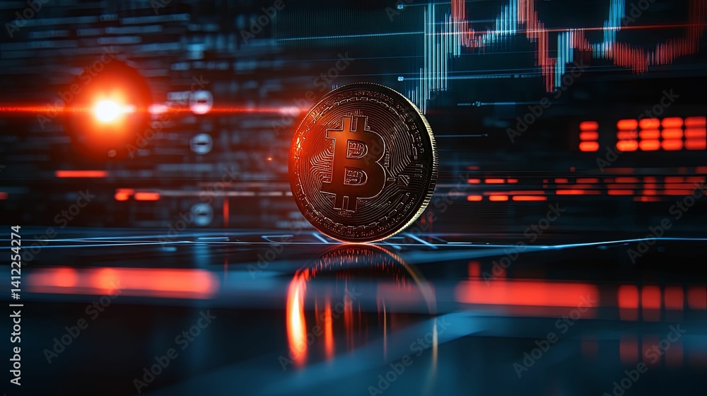 Aufkleber a bitcoin digital currency displayed against a backdrop of futuristic technology and financial data.