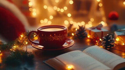 Cozy Warm Beverage with Open Book and Festive Decorations