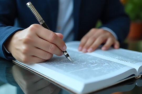 Writing notes in a book office space study session calm environment close-up view knowledge