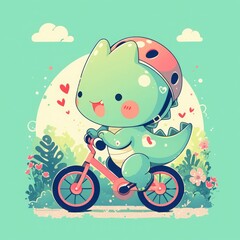 Adorable dinosaur riding a bicycle with helmet in a whimsical garden, symbolizing childhood joy and healthy activity. Perfect for childrens books, educational materials, and playful designs.