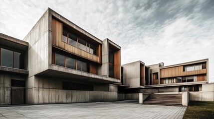 A large concrete building with a wooden front. The building has a lot of windows and a large porch