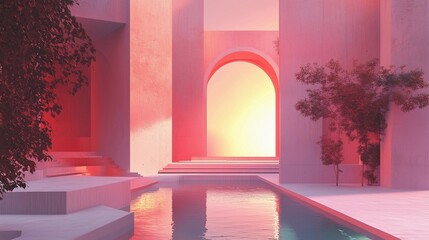 A pink building with a pink archway and a pink tree. The pool is filled with water and the tree is in the background