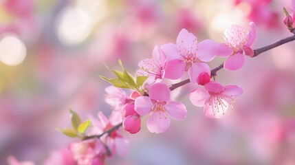 Obraz premium A pink flower with a green stem. The flower is in full bloom and is surrounded by leaves. The image has a soft and delicate feel to it, with the pink color of the flower