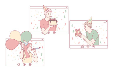 Join us for a lively virtual birthday party with cake, gifts, and colorful balloons in dynamic video frames