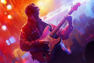 Obraz premium Musician playing electric guitar on stage vibrant lights background