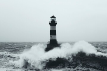 Stripped lighthouse stands as waves crash against it, against a gray, clouded sky