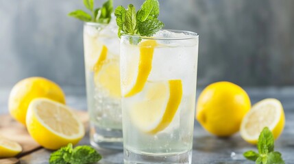 Fototapeta premium Two glasses of lemonade with a slice of lemon on top. The lemonade is cold and refreshing