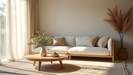 Bright Living Room Interior with Sofa, Table, Plant and Pampas Grass